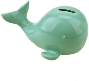 Ceramic Happy Whale Coin Bank, Turquoise, 4-Inch