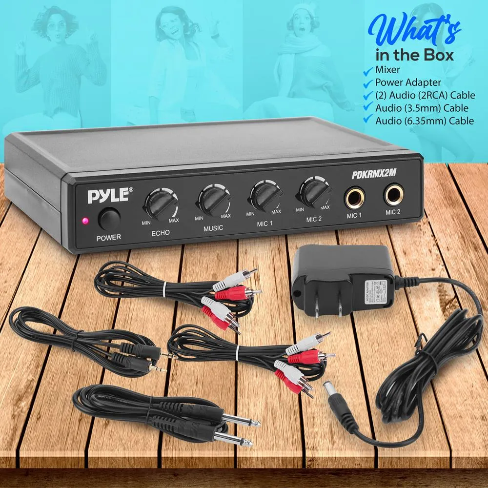 Compact Karaoke Audio Mixer - Built-In Mixer With Mic Level, Music Level, And Echo Controls, With 3.5Mm Audio Cord And Two Rca Audio Cables