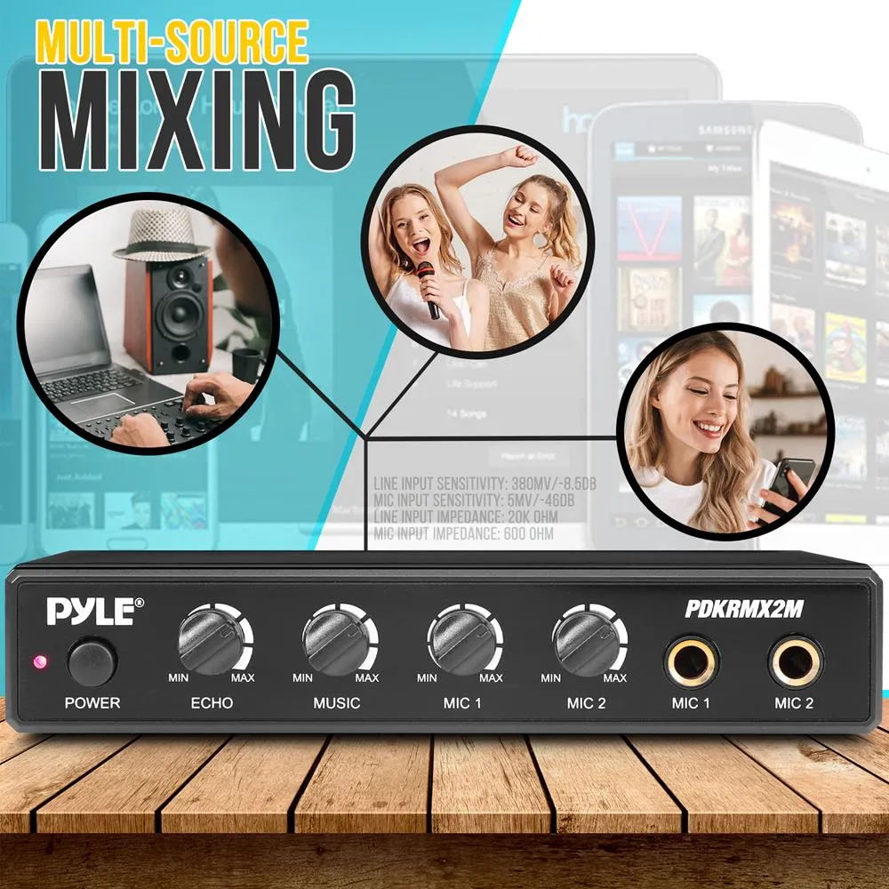 Compact Karaoke Audio Mixer - Built-In Mixer With Mic Level, Music Level, And Echo Controls, With 3.5Mm Audio Cord And Two Rca Audio Cables