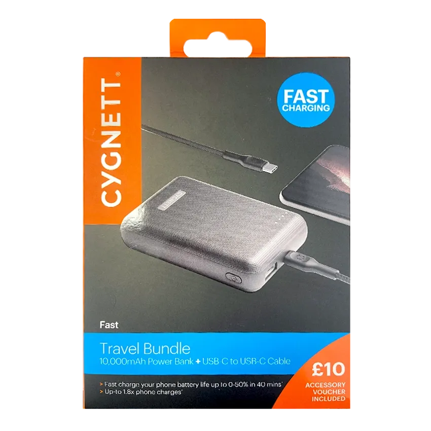 Cygnett Fast Charging travel bundle 10000mAh Power Bank USB-C to Lightning Cable Black