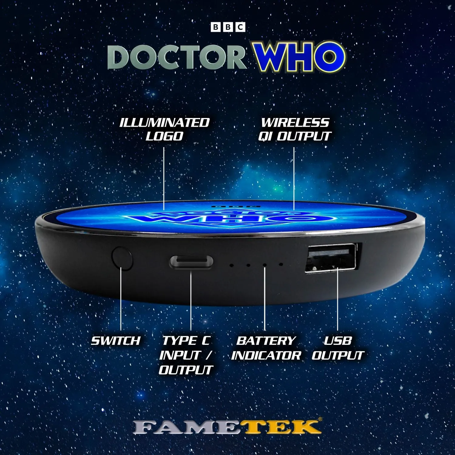 Doctor Who LOGO 60th Anniversary Qi Wireless Charger With Illuminated TARDIS & Built-In Power bank