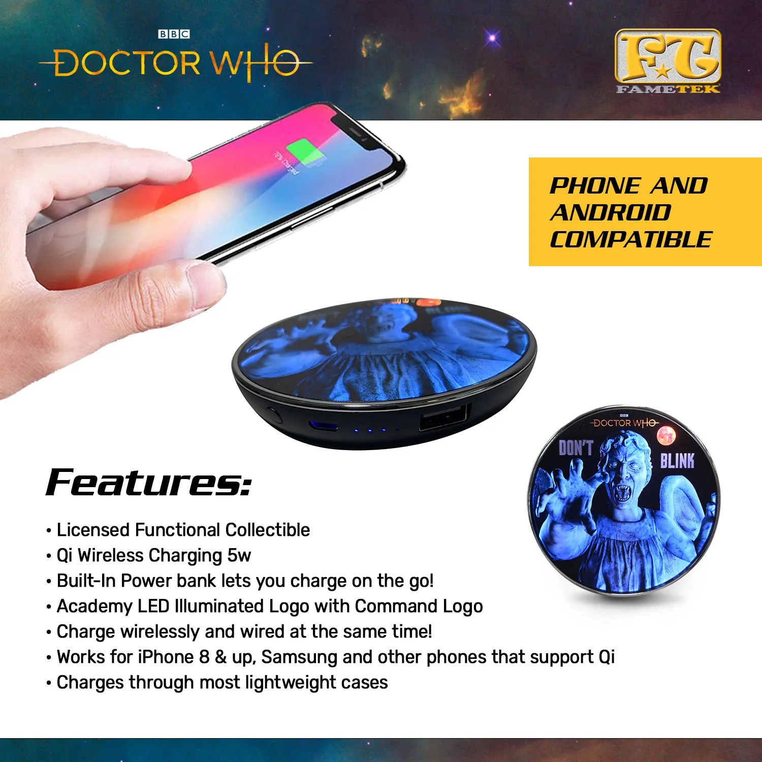 Doctor Who Weeping Angel Qi Wireless Charger With Illuminated Angel & Built-In Power bank