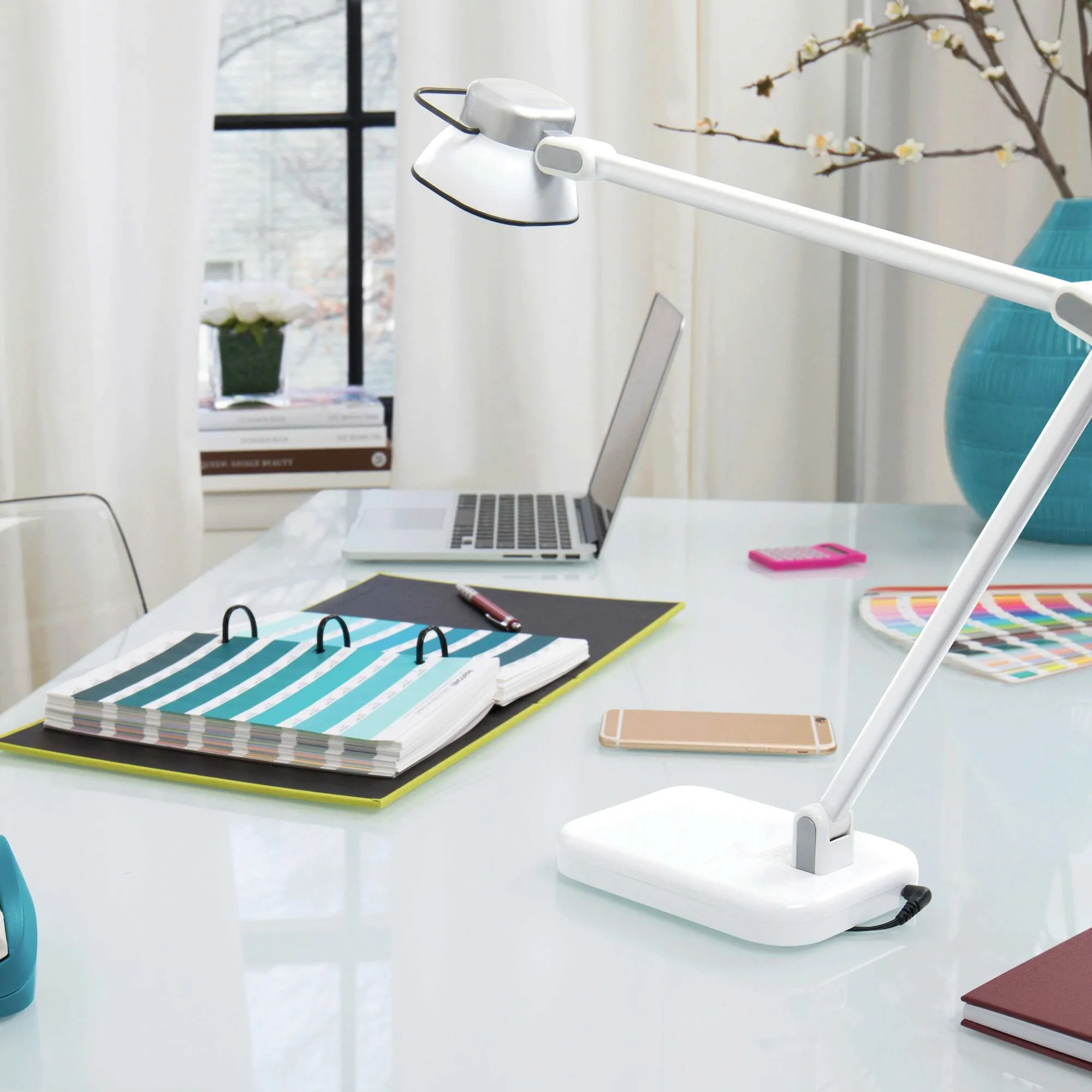 Elate Dual Arm Led Desk Lamp with USB Charger, White