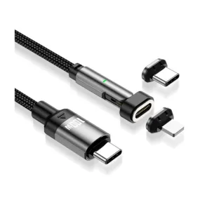 Enkay - (2m) 100W 2in1 USB C to USB C / Lightning Charging Cable Magnetic 180° Nylon Data Cable with LED - Black