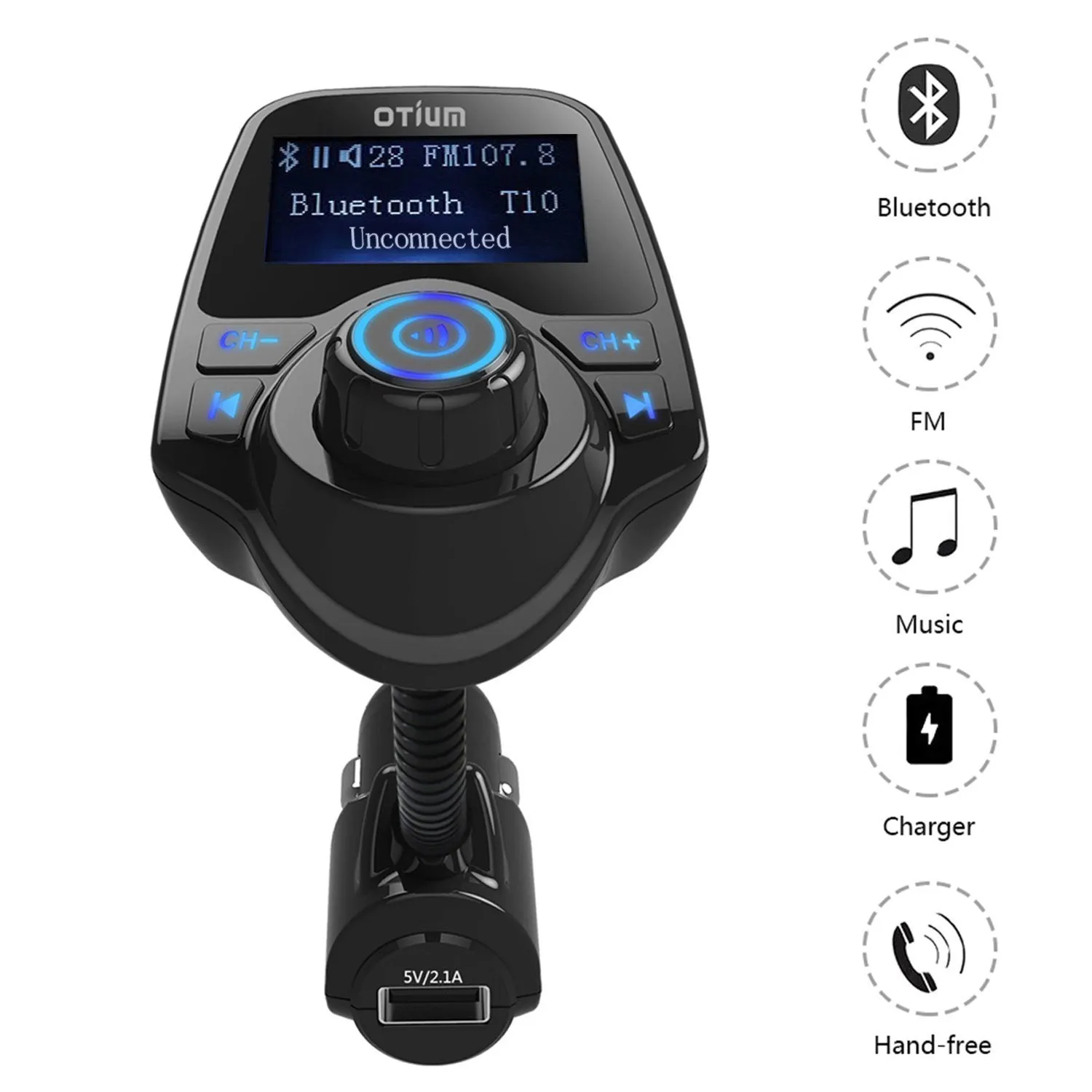 FM Transmitter, Otium® Bluetooth Wireless Radio Adapter Audio Receiver Stereo Music Modulator Car Kit with USB Charger, Hands Free Calling for Smartphones, Tablets, TF Card, MP3 and More