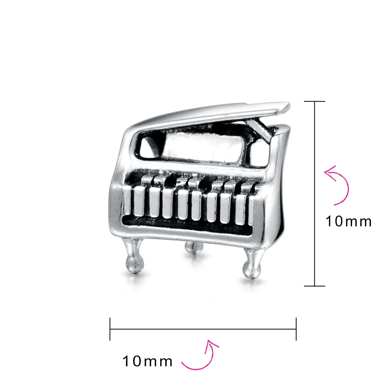 Grand Piano Charm Bead for Musicians in Oxidized Sterling Silver Fits Bracelets