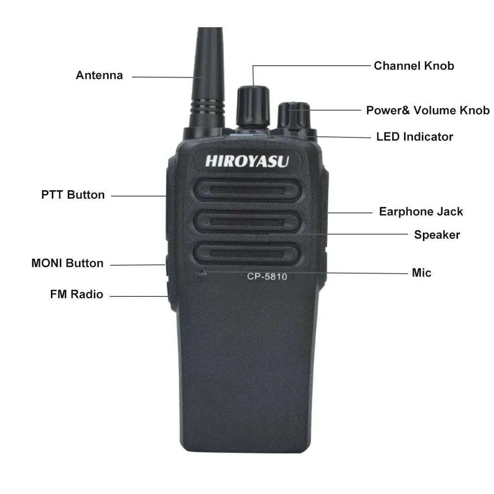 Hiroyasu CP-5810 UHF 400-520MHz 7W 16Ch Vox FM Commercial Analog Walkie Talkie CP5810 W/2200mAh Type C Charging Li-Ion Battery