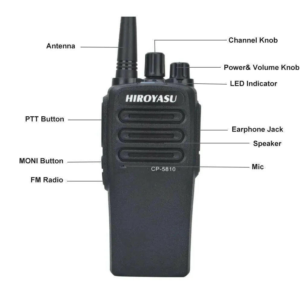 Hiroyasu CP-5810 UHF 400-520MHz 7W 16Ch Vox FM Commercial Analog Walkie Talkie CP5810 W/2200mAh Type C Charging Li-Ion Battery