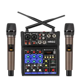 HRIDZ Audio Mixer Karaoke Machine 4 Channel Mixing Console 2 Wireless Microphones