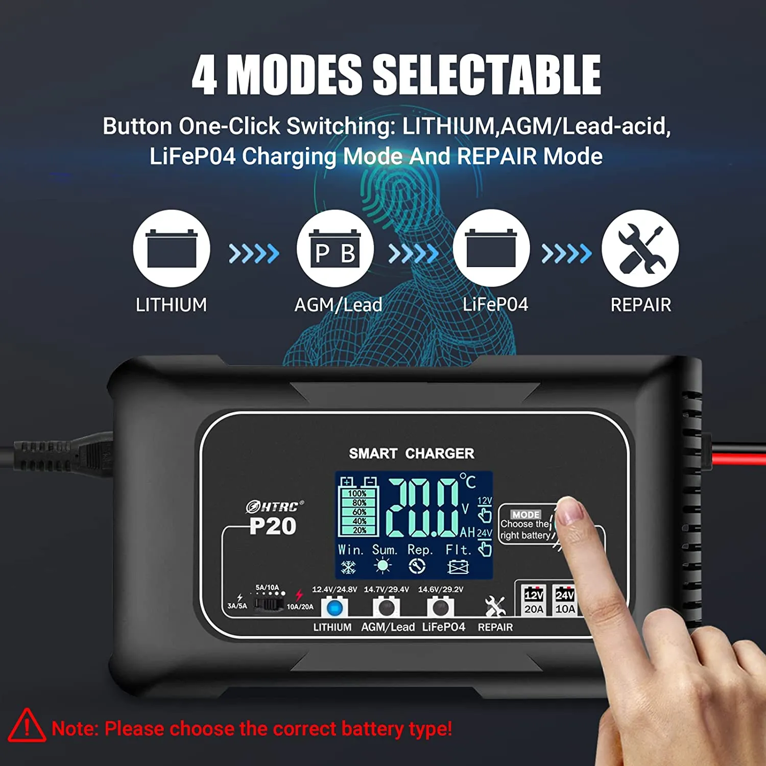 HTRC | 20A Multi Battery Charger 12V/24V  Multi Battery Charger /lifepo4/lead-acid/agm Battery Pulse Repair Charger