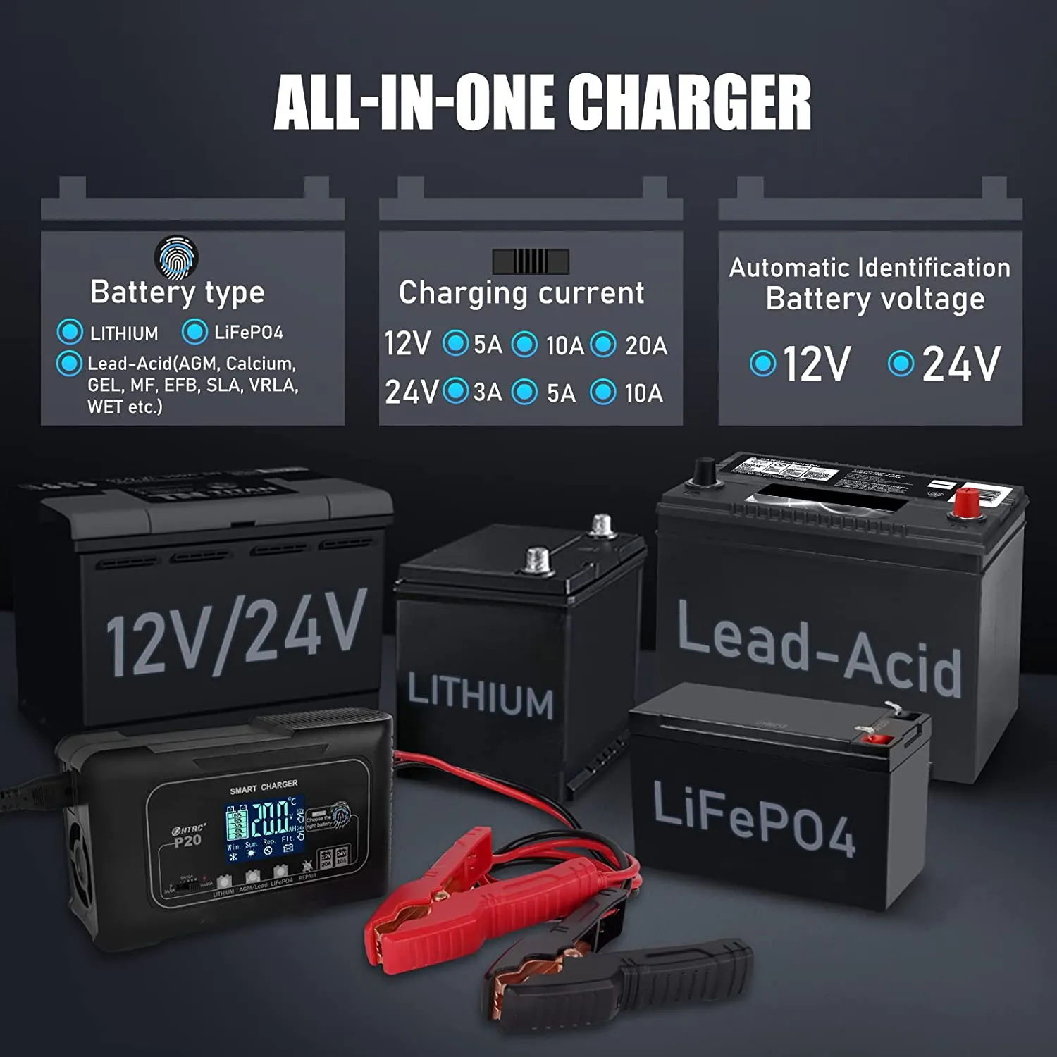 HTRC | 20A Multi Battery Charger 12V/24V  Multi Battery Charger /lifepo4/lead-acid/agm Battery Pulse Repair Charger