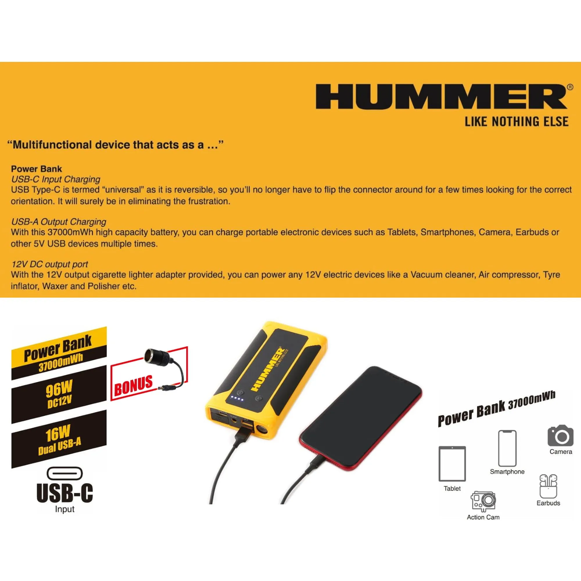 Hummer HX 10000mAh Powerbank Jump Starter with Wireless Charger & Work Light (USB-A to USB-C)