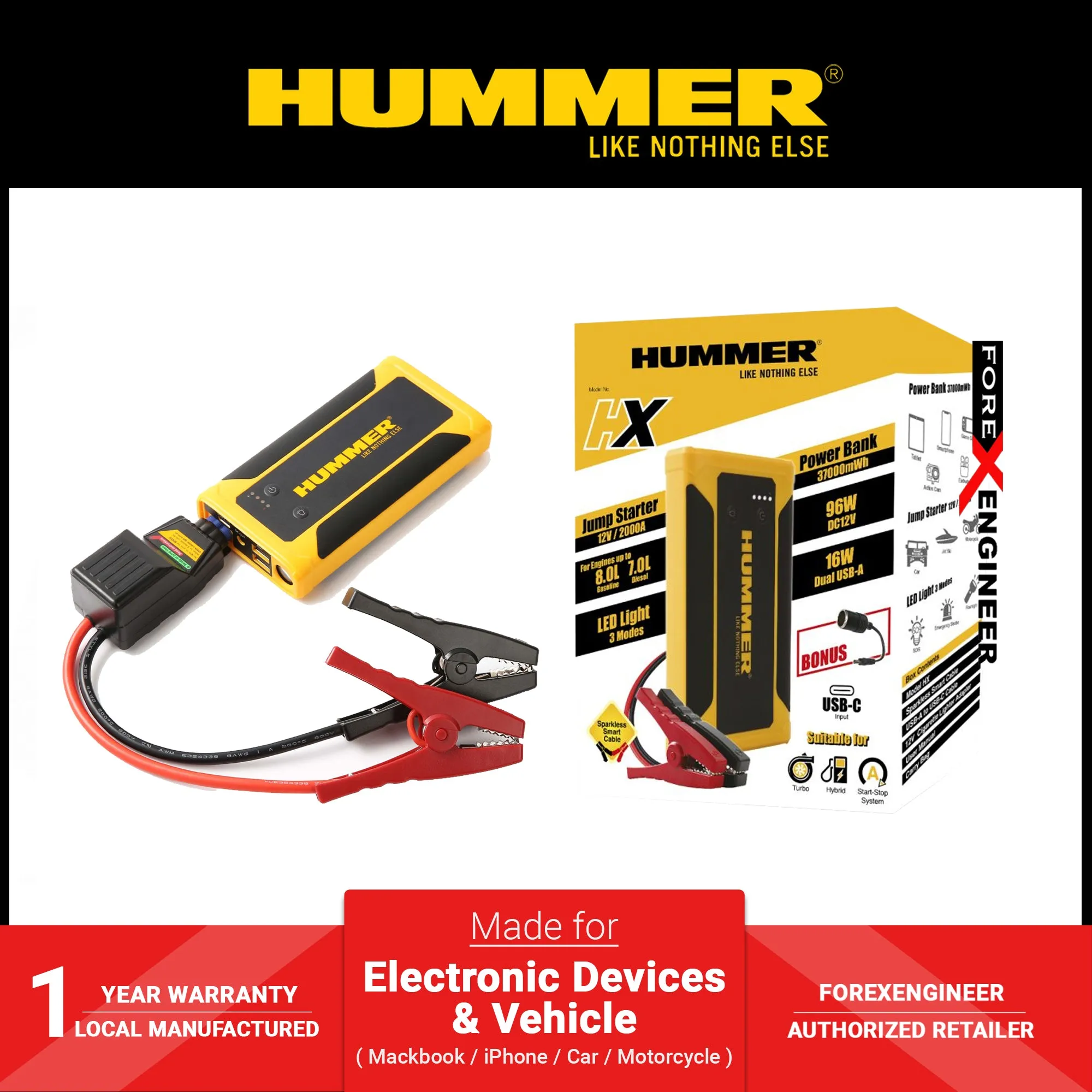 Hummer HX 10000mAh Powerbank Jump Starter with Wireless Charger & Work Light (USB-A to USB-C)