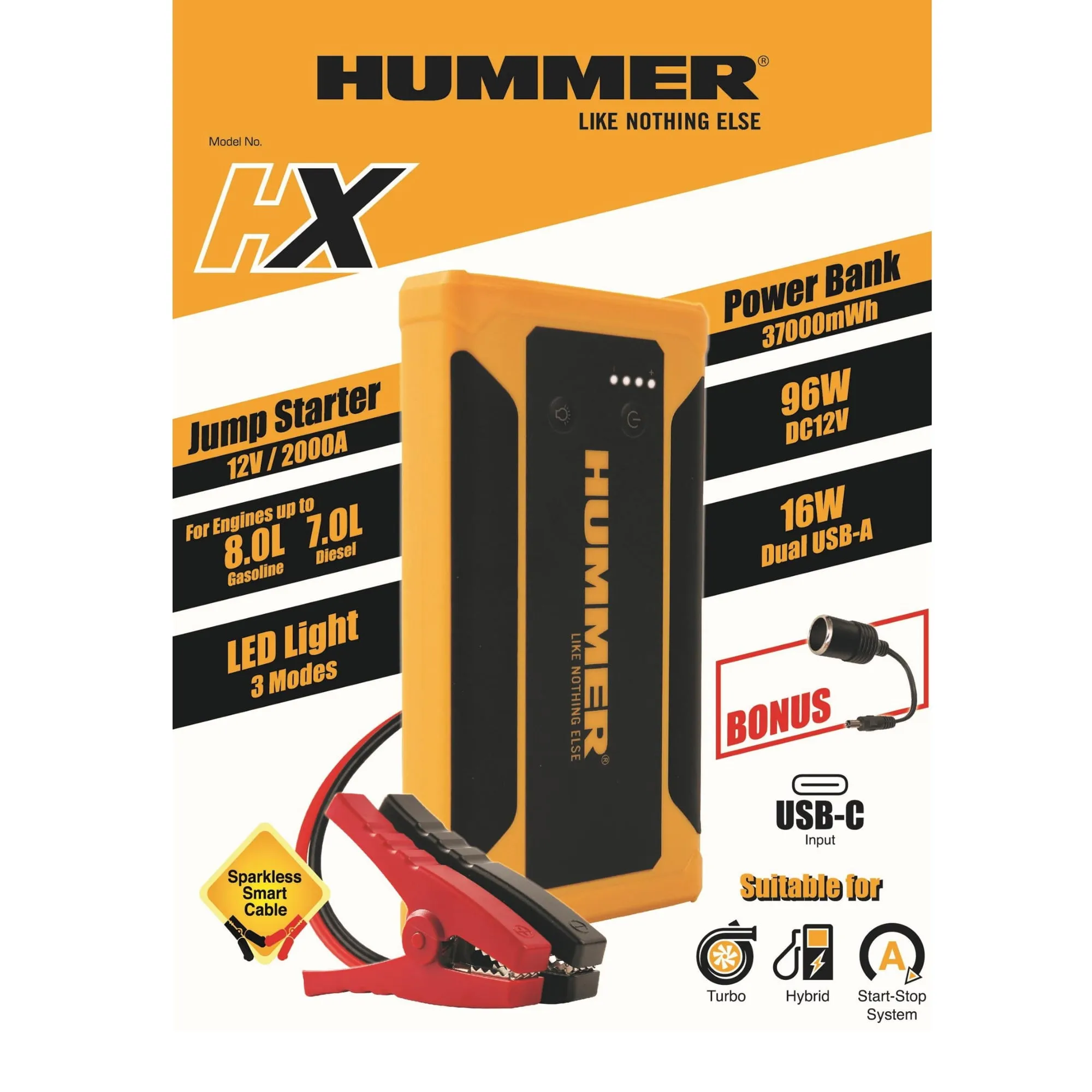 Hummer HX 10000mAh Powerbank Jump Starter with Wireless Charger & Work Light (USB-A to USB-C)