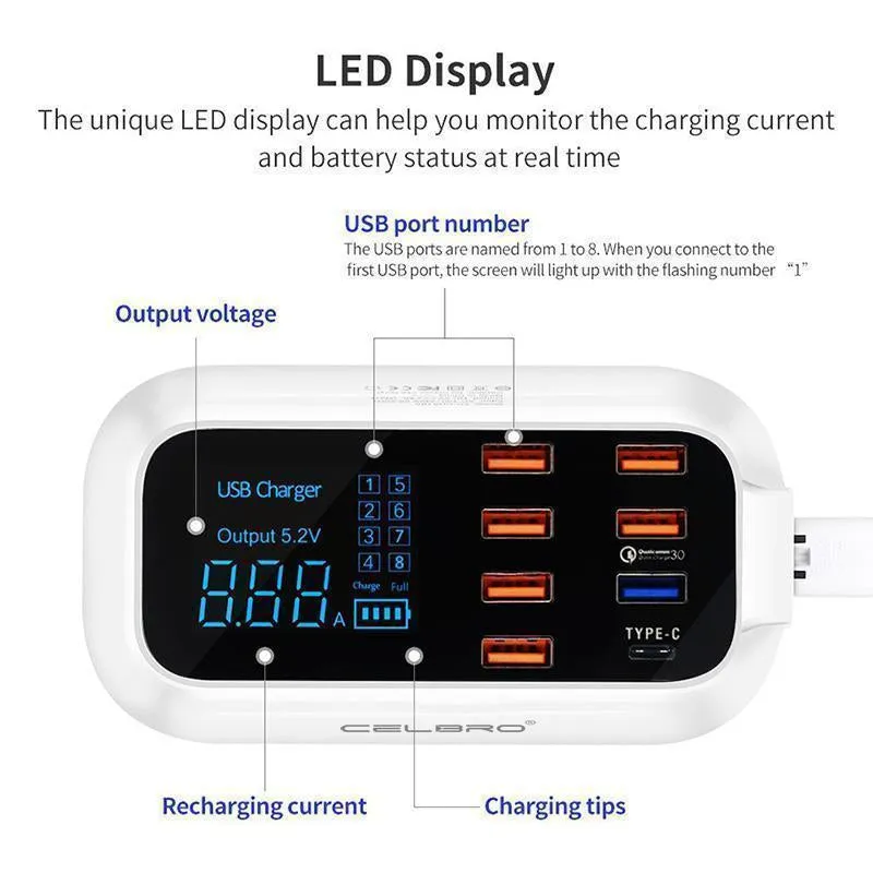 LED Display Multiple USB Charger with Smart Charging Technology