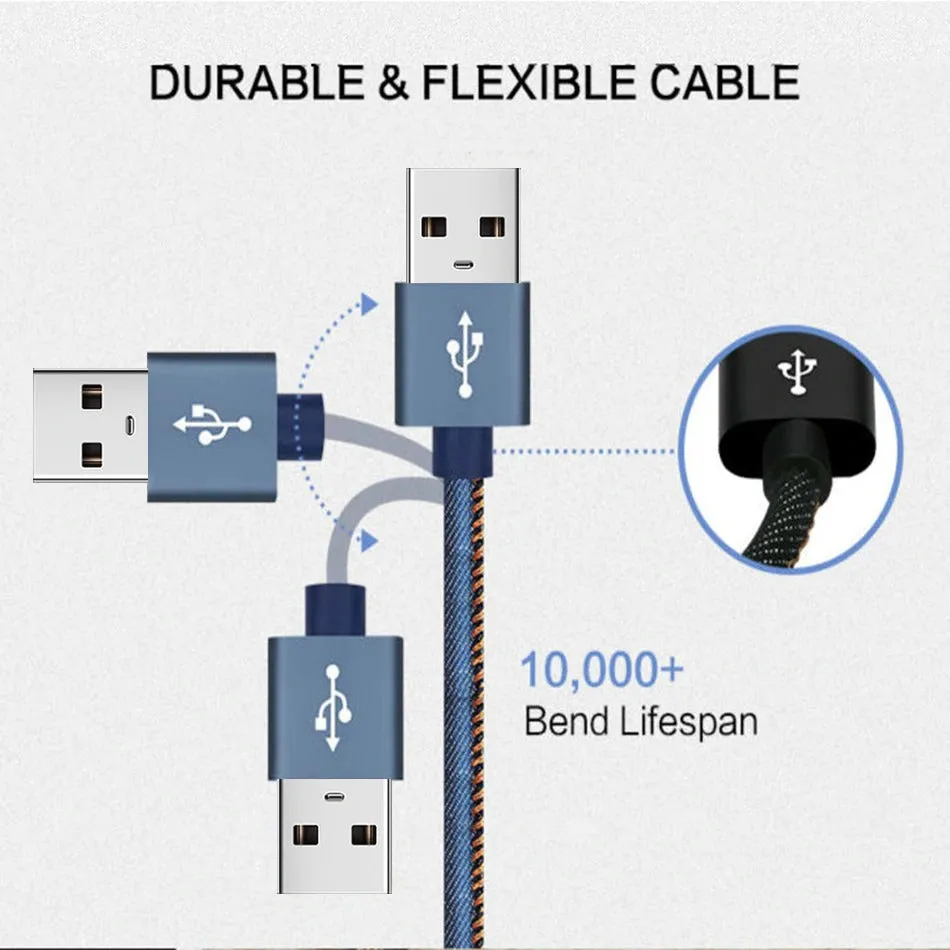 Lightning Fast Charging Data Sync Charger Cable Cord Denim For Apple iPhone iPad iPod