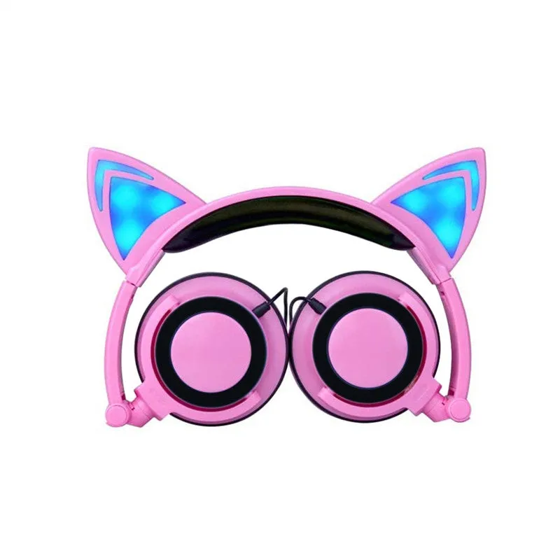 Lovely Cat Ear Headphones Foldable Wired Over Ear Kids Glowing Light Headphone Headsets For Girls Children