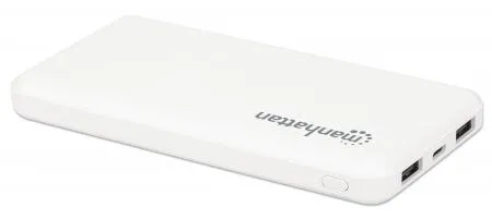 Manhattan Power Bank, 10000 Mah, Output: 2X Usb-A (2.1A & 1A), Input: Usb-C & Micro-Usb (Both 2A), White, One Year Warra