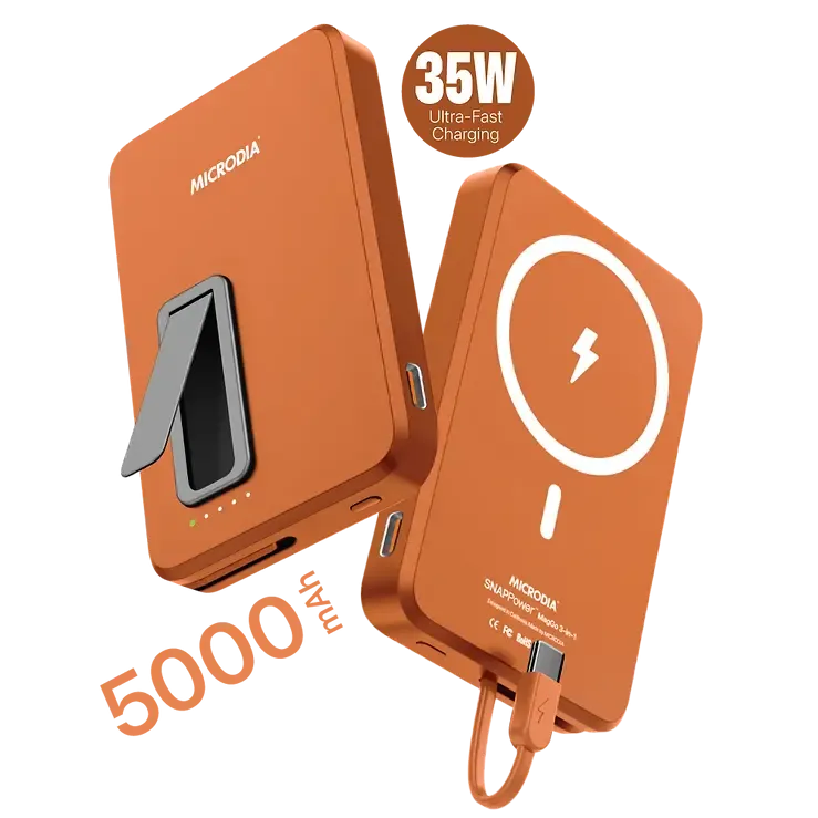 MICRODIA SNAPPower™ MagGo 35W, 5000mAh Magnetic Wireless Power Bank, 15W Wireless Output   20W USB-C PD Output with 20W Built-in USB-C Cable and Kickstand