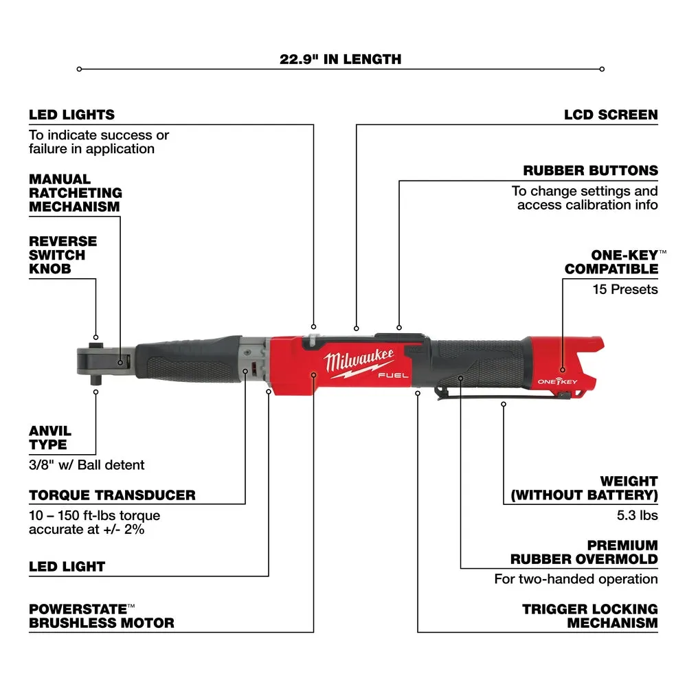 Milwaukee 2465-80 M12 FUEL 12V 3/8" Torque Wrench w/ ONE-KEY - Bare Tool - Recon