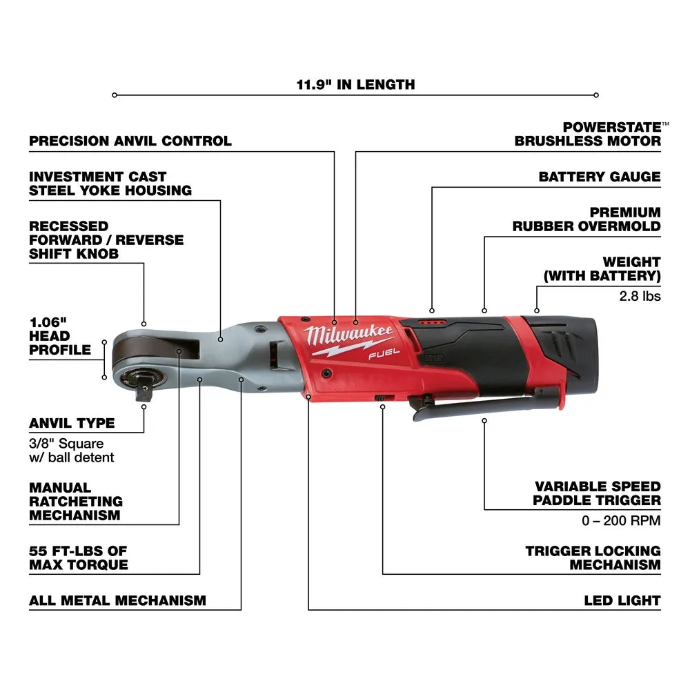 Milwaukee 2557-22 M12 FUEL 12V 3/8-Inch 55-Ft-Lbs. Li-Ion Cordless Ratchet Kit