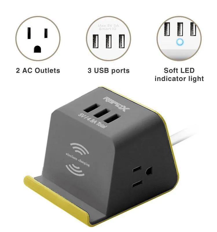 MyDesktop 29W Wireless Charging Stand with 3 USB Ports and 2 Power Outlets - Yellow