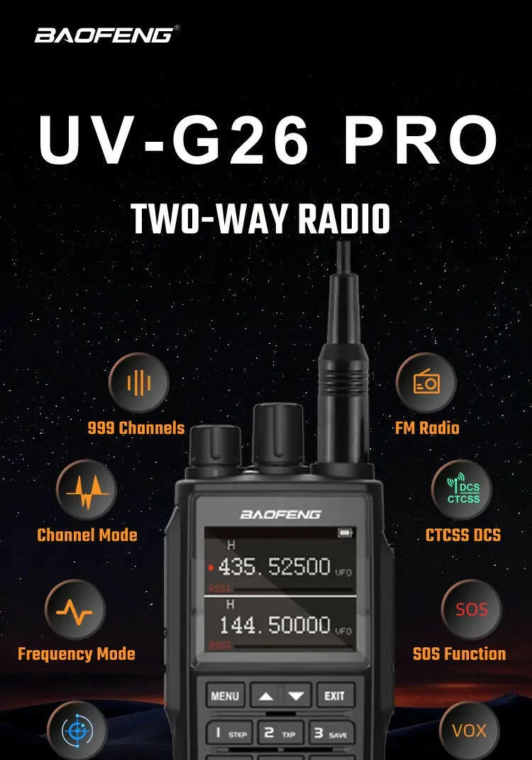 New Baofeng UV-G26 PRO Walkie Talkie 10W Dual Band High Power Long Range Portable 999 Channel Ham FM Radio UHF VHF Two Way Radio