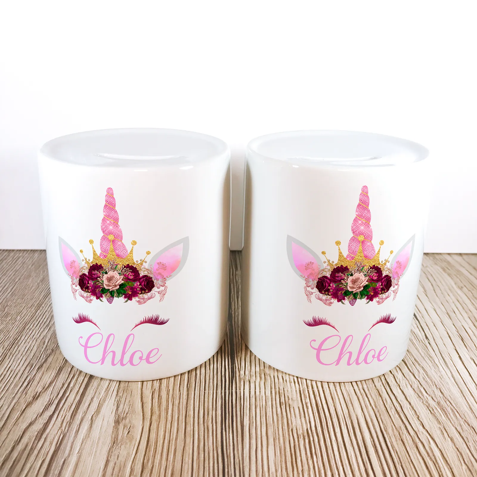 Personalised Unicorn Money Pot | Pink Flowers & Pink Horn