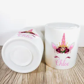 Personalised Unicorn Money Pot | Pink Flowers & Pink Horn