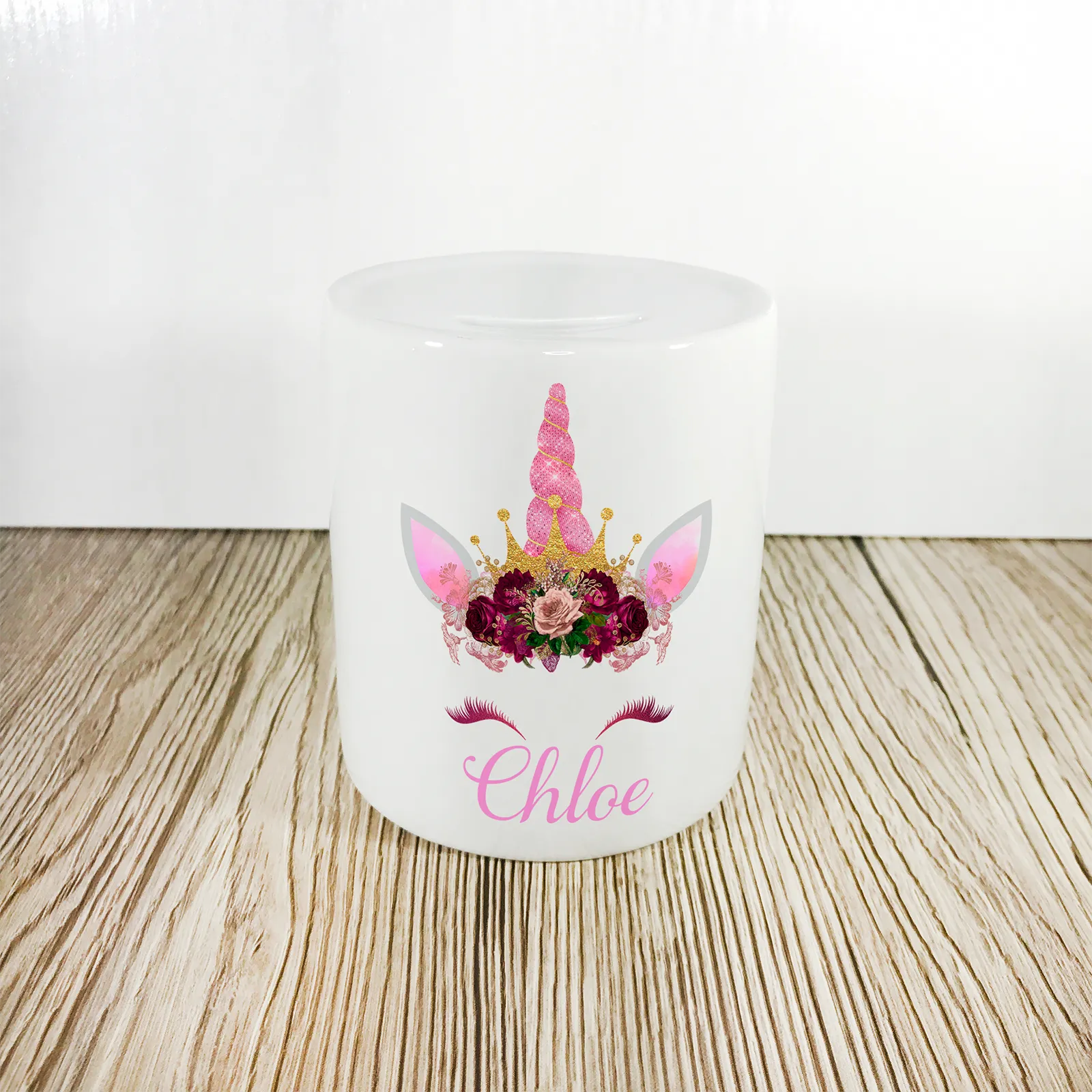 Personalised Unicorn Money Pot | Pink Flowers & Pink Horn