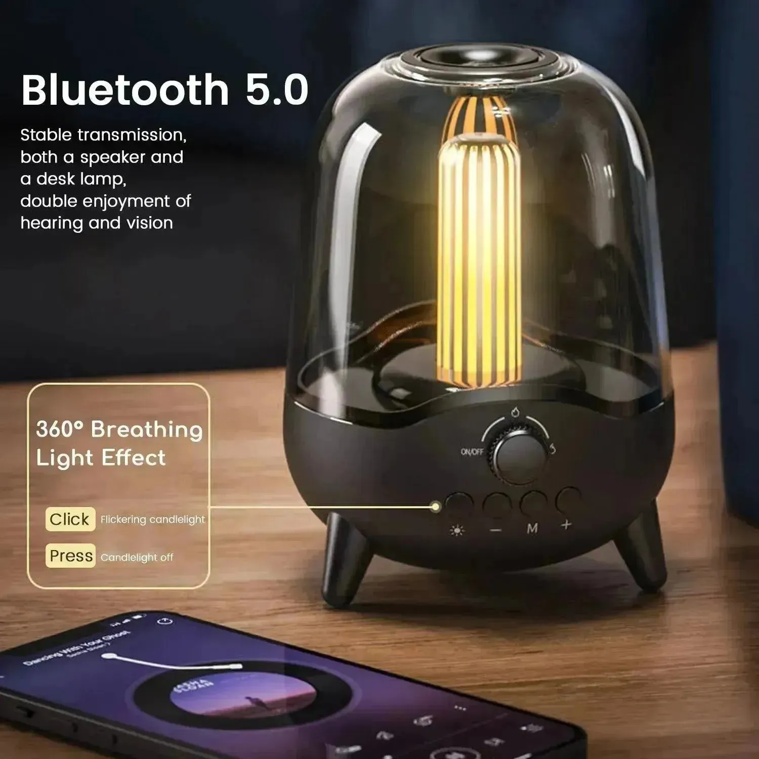 Portable Wireless Bluetooth 5.0 Speaker Flickering Ambient Light Speakers Table Lamp Stereo Sound Indoor Outdoor Night Lights