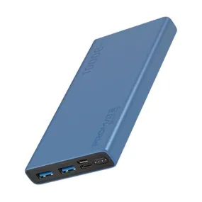 Promate 10000mAh Smart Charging Power Bank, Dual USB, USB-C, Micro-USB, Compatible with All Smart Phones & Tablets, Blue