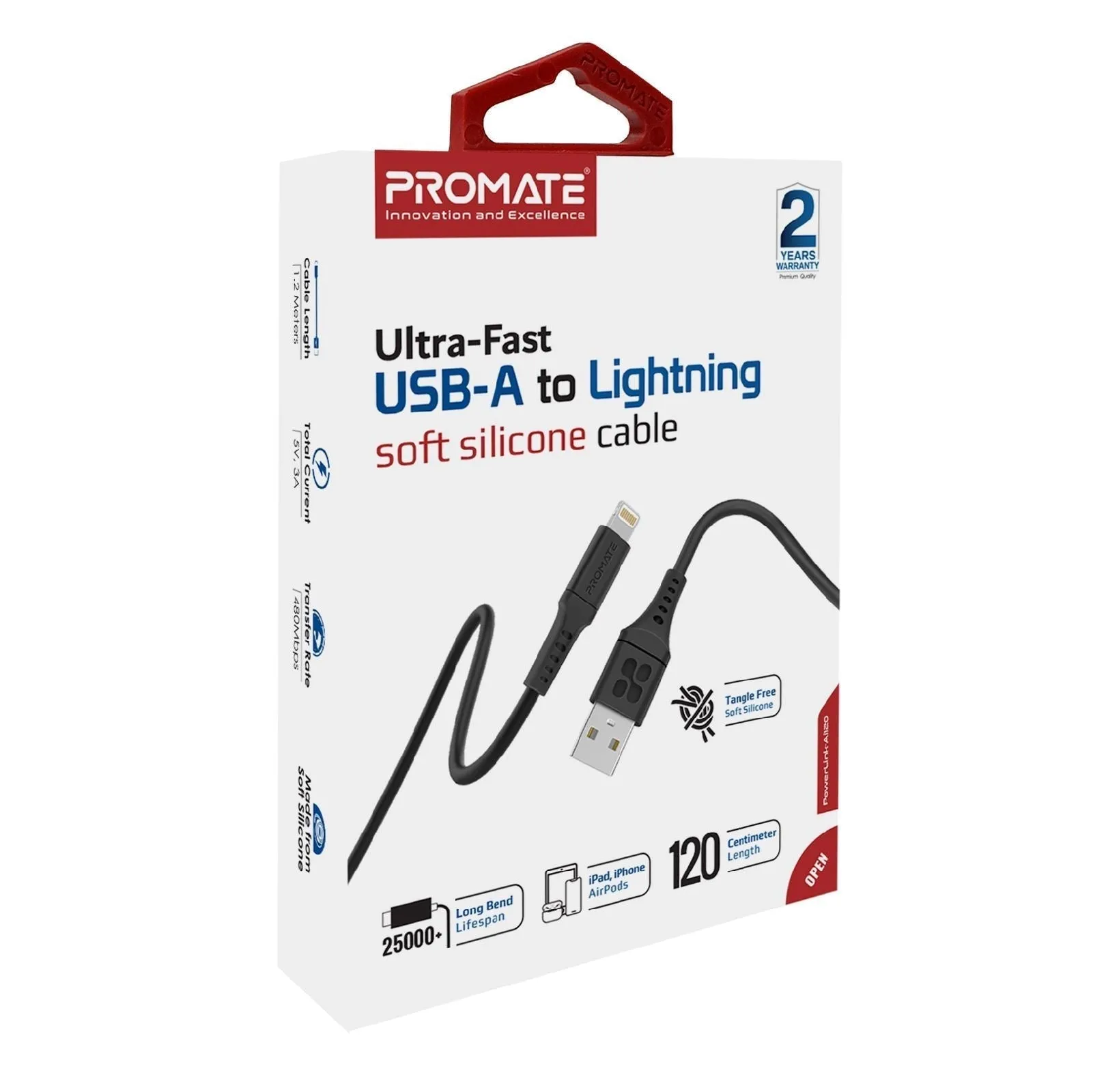 Promate 1.2m USB-A to Lightning Data & Charge Cable, 480Mbps Data Transfer Rate, Tangle Resistant 25000  Bend, Black