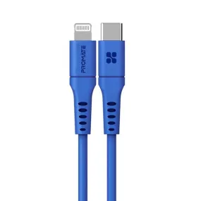 Promate 2m 20W PD USB-C to Lightning Charge & Sync Cable, For Apple iPhone, iPad, & iPad Mini, Anti Snap Tangle Free, Blue