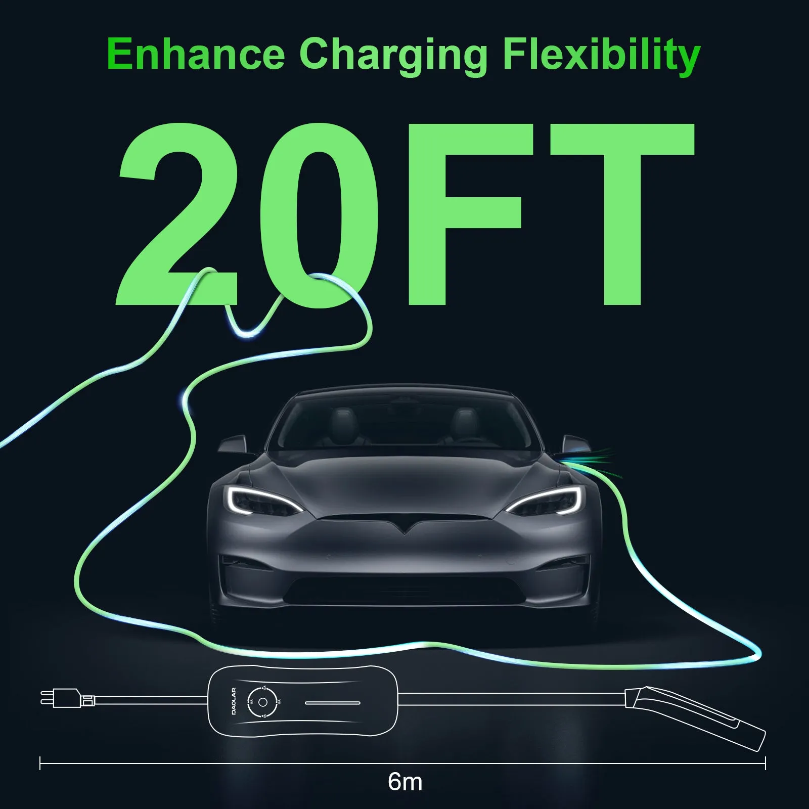 [Second-hand] Daolar Level 2 EV Charger for Tesla 16A 110-240V Portable Electric Car Charger 20ft charging cable with NEMA 6-20P Plug and NEMA 5-15 Adapter