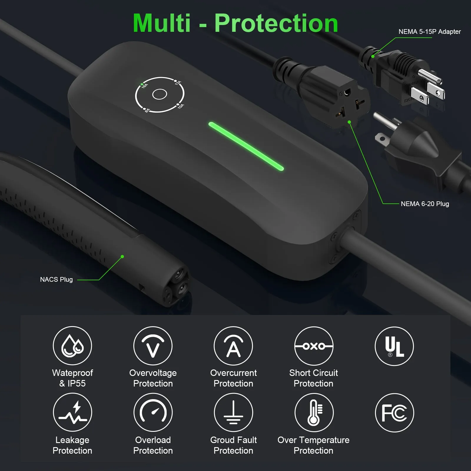 [Second-hand] Daolar Level 2 EV Charger for Tesla 16A 110-240V Portable Electric Car Charger 20ft charging cable with NEMA 6-20P Plug and NEMA 5-15 Adapter