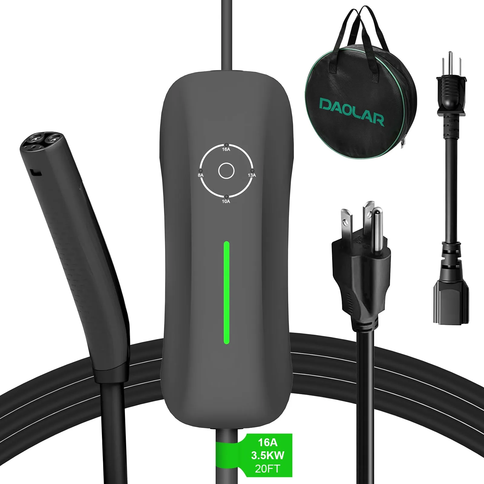 [Second-hand] Daolar Level 2 EV Charger for Tesla 16A 110-240V Portable Electric Car Charger 20ft charging cable with NEMA 6-20P Plug and NEMA 5-15 Adapter