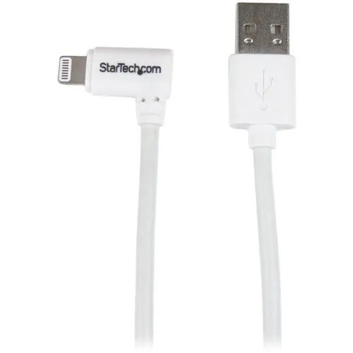 StarTech.com 1m 3 ft Angled Lightning to USB Cable - White - Angled Lightning Cable for iPhone / iPod / iPad - 1 m Lightning/USB Data Transfer Cable for iPhone, Wall Charger - First End: 1 x 4-pin USB Type A - Male - Second End: 1 x 8-pin Lightning - Male