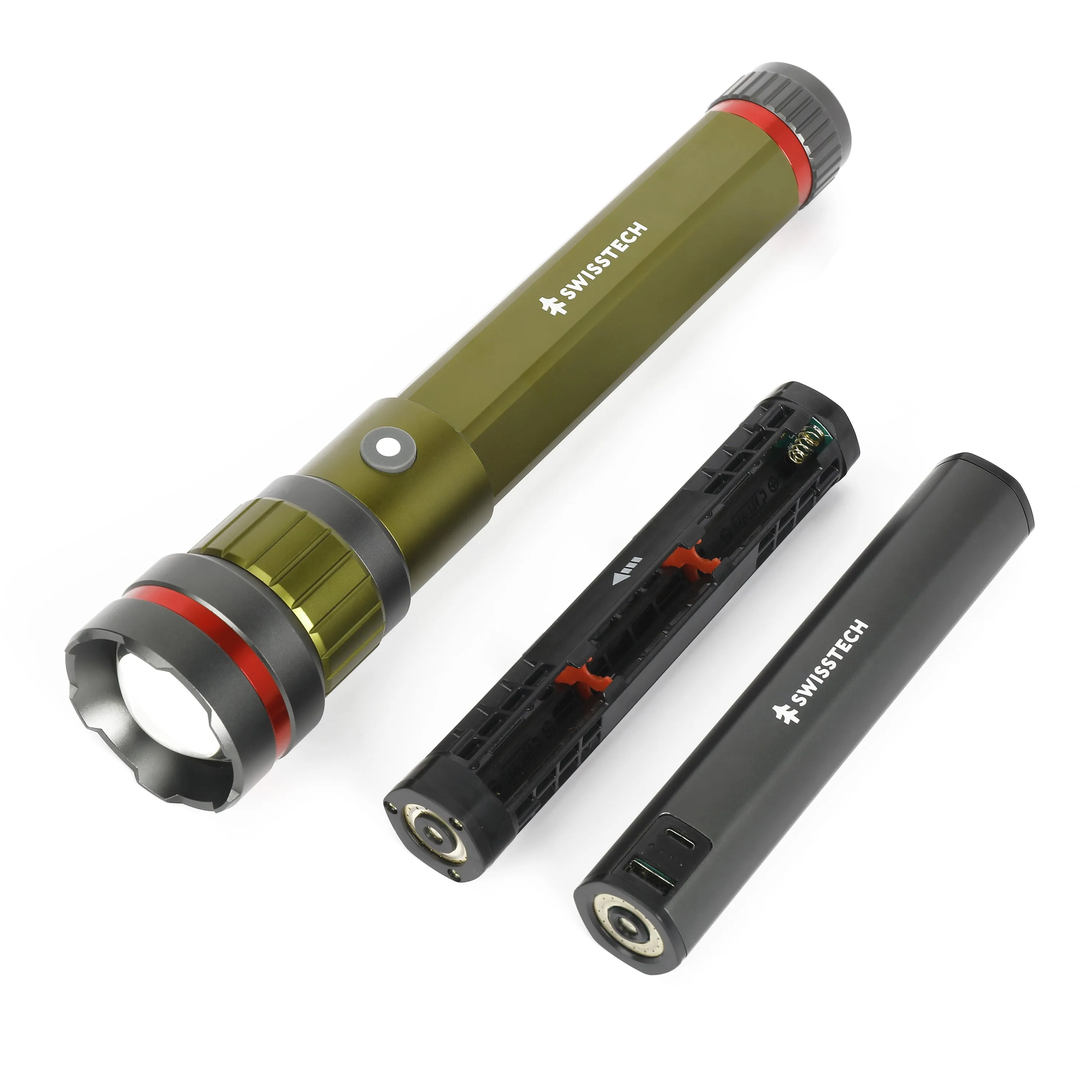 Swiss Tech 6500 Lumen LED Flashlight Rechargeable Dual Power AA/USB with Charging Bank, IP67 Waterproof, Drop Resistant