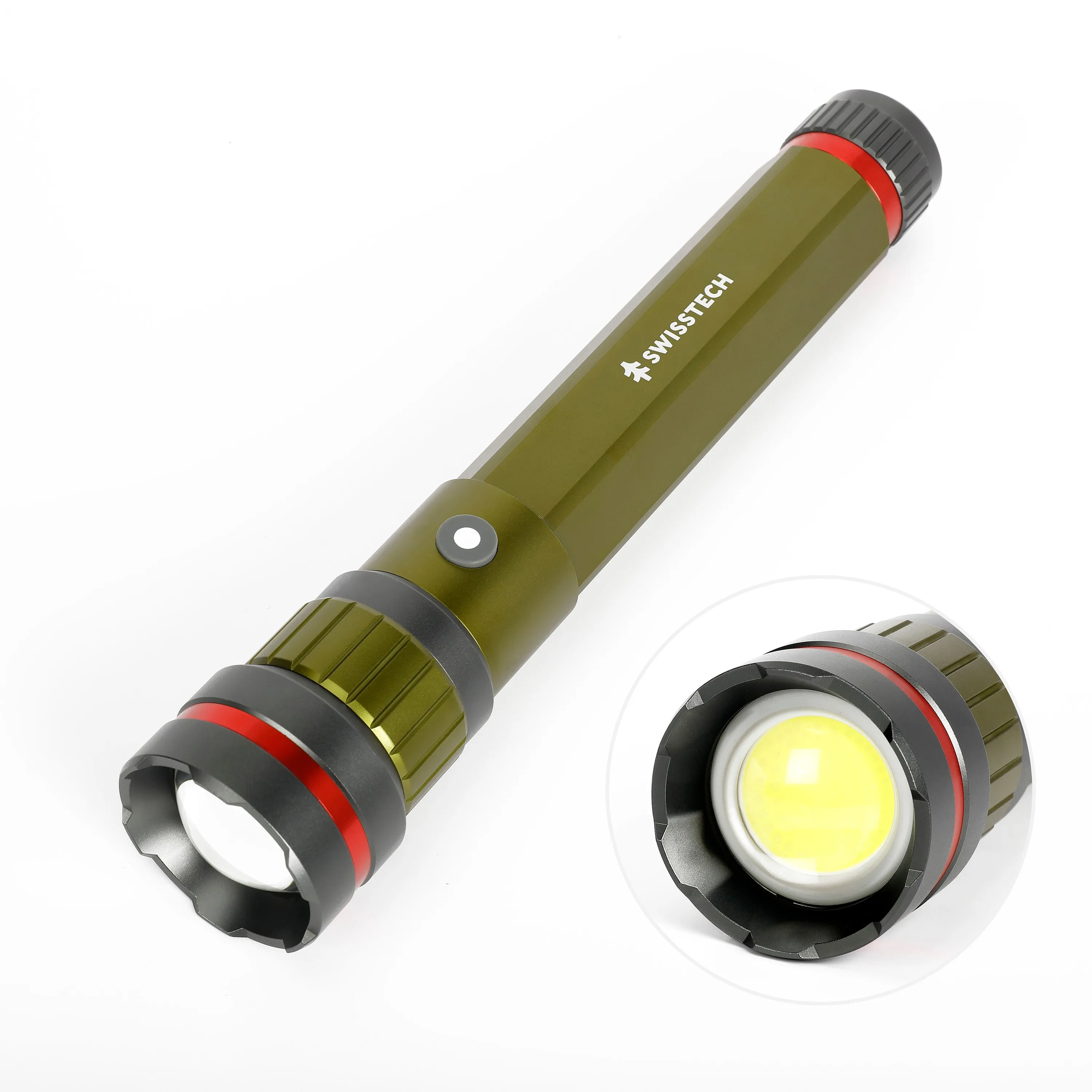 Swiss Tech 6500 Lumen LED Flashlight Rechargeable Dual Power AA/USB with Charging Bank, IP67 Waterproof, Drop Resistant