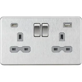 Switched Wall Socket Screwless 2 Gang USB A C 20W Brushed Chrome Flat Profile