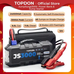 Topdon JS3000 3000A Portable Jump Starter Power Bank - 12V Emergency Car Starter for 9L Gas & 7L Diesel Engines with 24000mAh Battery