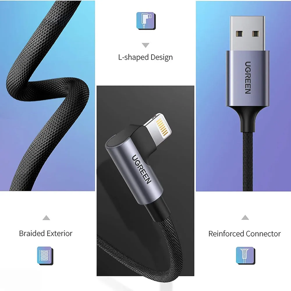 UGREEN 12W 2.4A 1 Meter USB A 2.0 to Angled Lightning Nylon Braided Charging Data Cable Charger with 480Mbps Transfer Rate for iPhone, iPad, iPod | 60521