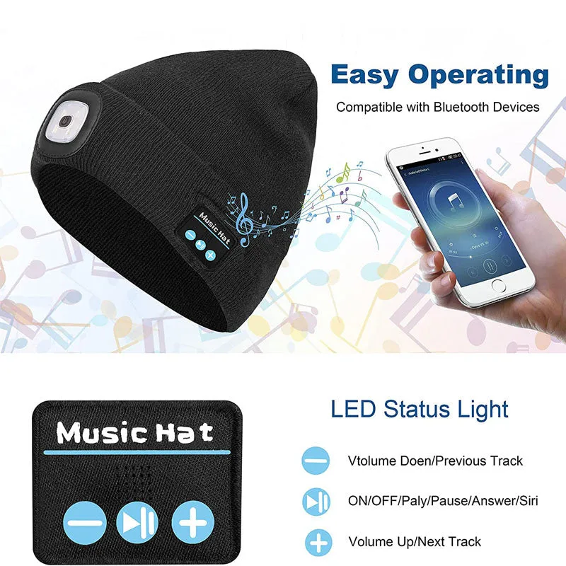 Unisex LED Torch Beanies with Bluetooth Headphones